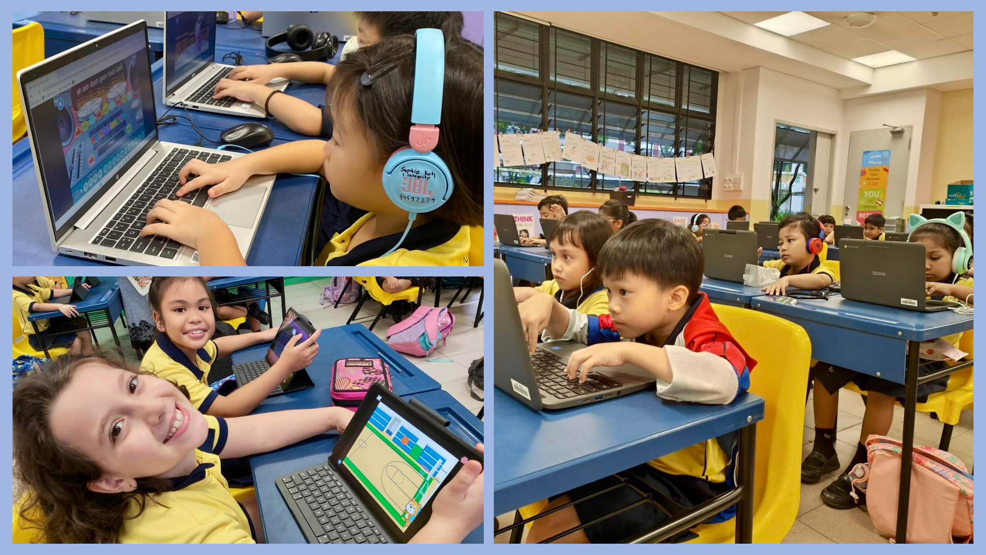 Young children in Kranji Primary School uniforms use laptops and tablets at blue desks in a classroom setting for touch typing programme